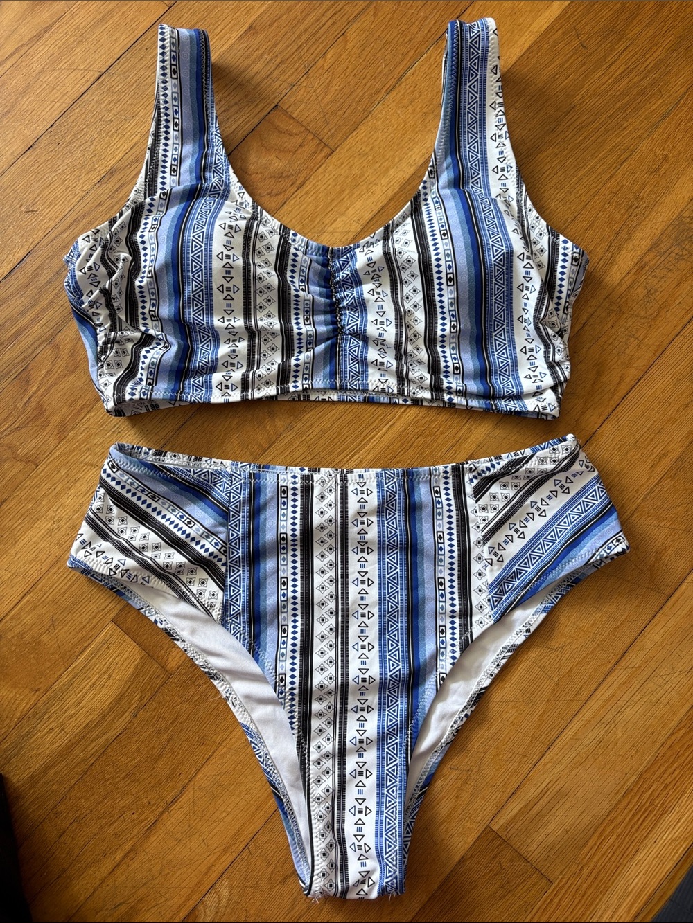Striped Blue & White High-Waist Bikini Set